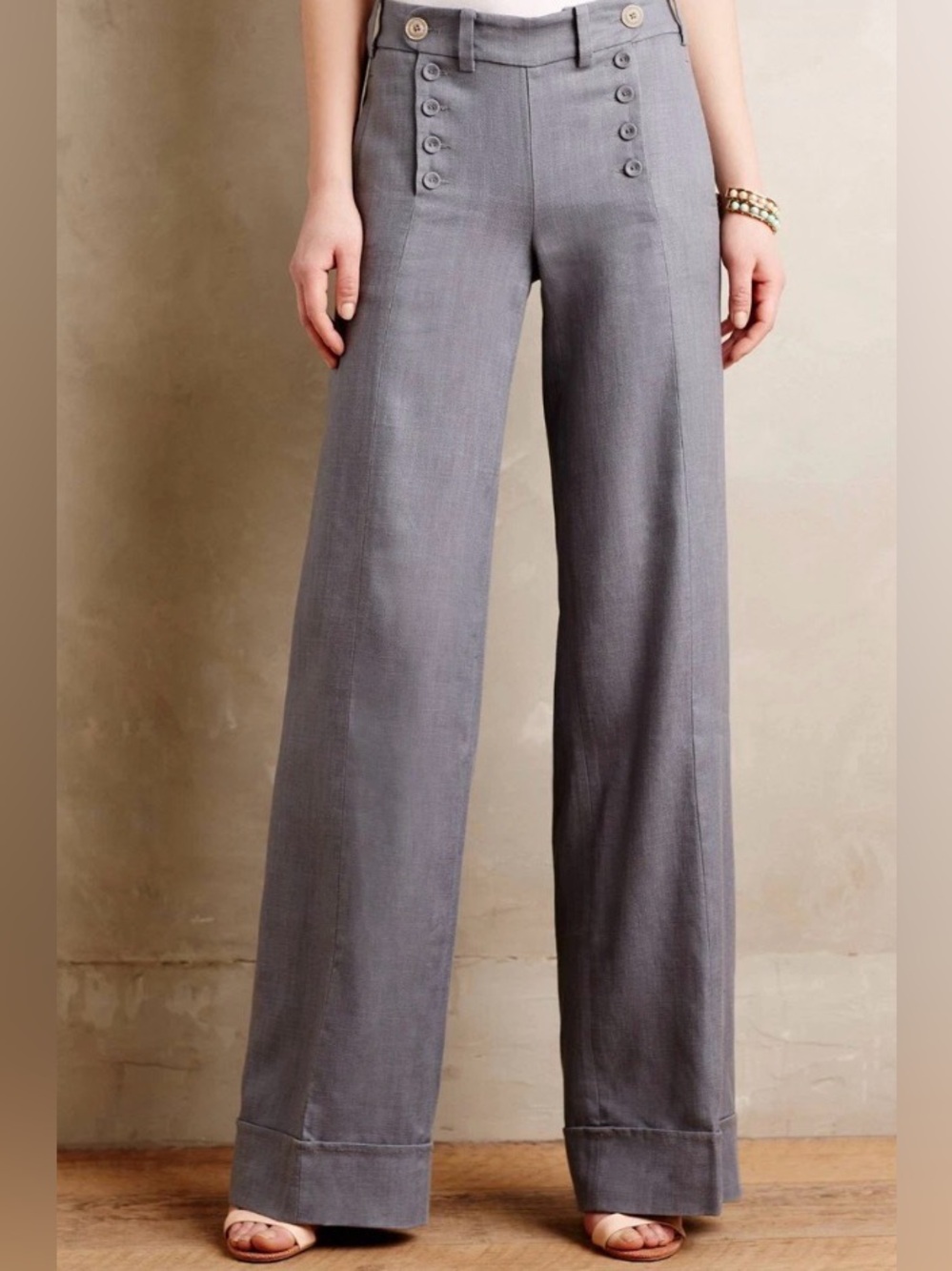 Anthropologie Elevenses Tailored Sailor Wide-Leg high waisted Pants Gray linen